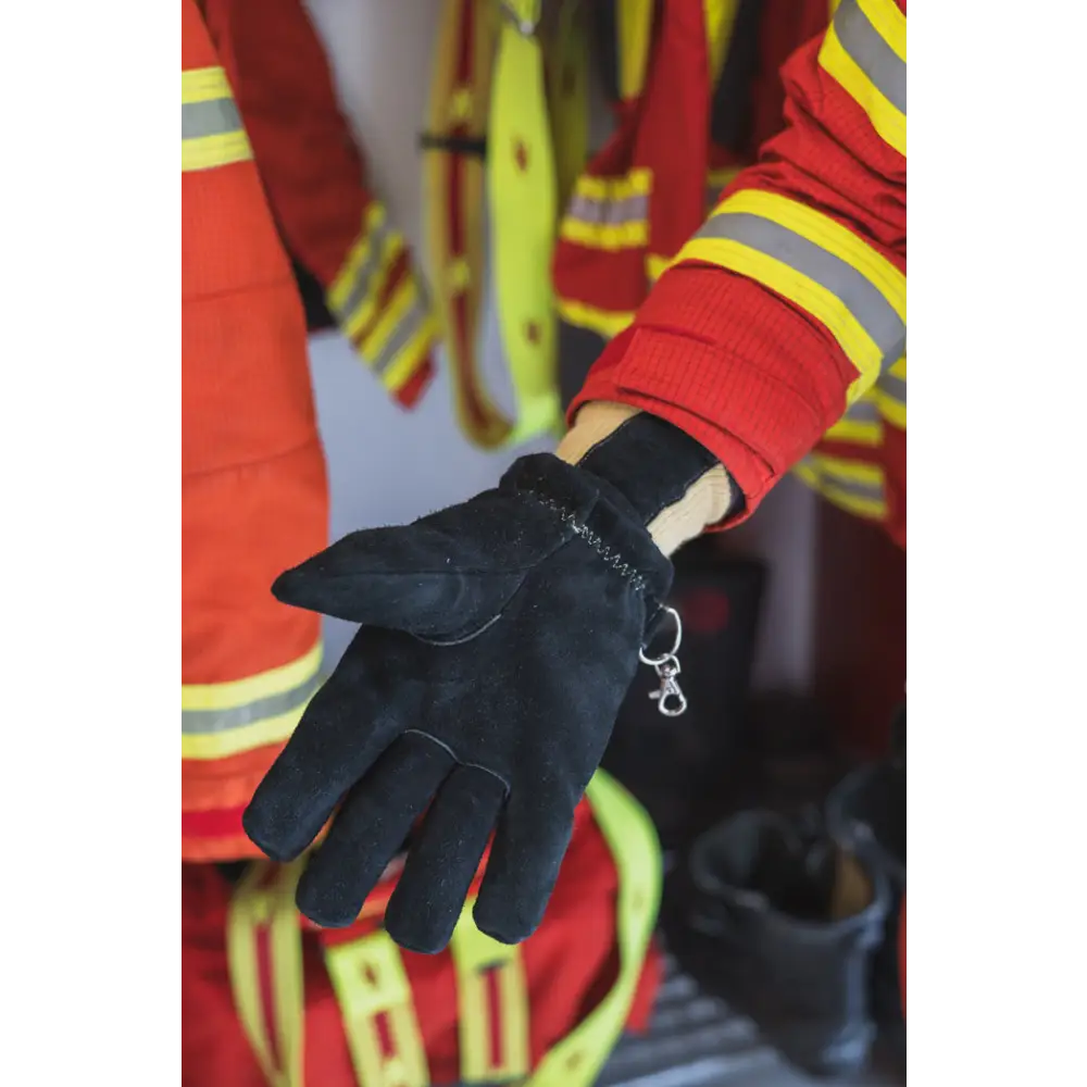 Schwarzer Lederhandschuh Einsatzhandschuhe Black HARI 001 mit Clip, en659 geprüft, feuerwehrhandschuhe innenangriff